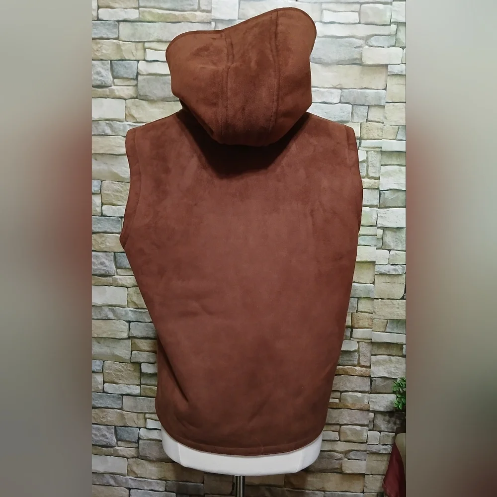 Lauren Ralph Lauren Brown Faux Suede Hooded Vest Sherpa Lining Large Cottagecore - Picture 3 of 5